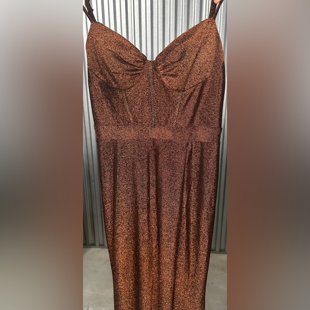 Women’s Jules & Cleo Design Nylon Metallic Spandex Orange Formal Maxi Slit Dress - Picture 7 of 9